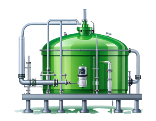 Detailed illustration of a large industrial green chemical processing tank with complex piping and valves isolated on transparent background