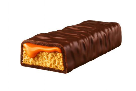 Crispy wafer bar with chocolate cream filling, covered in a splash of melted chocolate. 3D render of a sweet snack, isolated on transparet background.