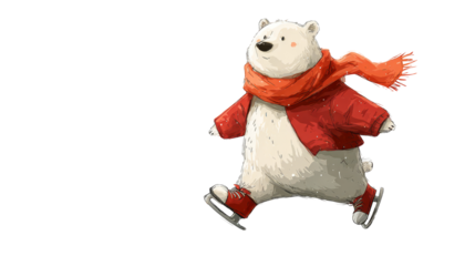 Cute bear in red scarf ice skating on a white background, showcasing joyful movement and playful spirit, perfect for winter-themed illustrations and designs. transparent background