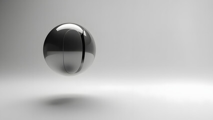 Elegant robotic sphere hovering above the ground with faint reflections. Monochromatic tone with large copyspace for brand tagline or text.