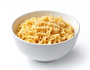 Close-up of a bowl filled with cooked, golden-yellow noodles
