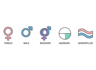 Obraz premium A set of monochrome icons depicting gender diversity, featuring black gender symbols and representing people of various genders