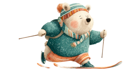Cute bear character skiing joyfully on snow-covered landscape, wearing colorful winter attire, showcasing playful winter activities and cheerful atmosphere. transparent background