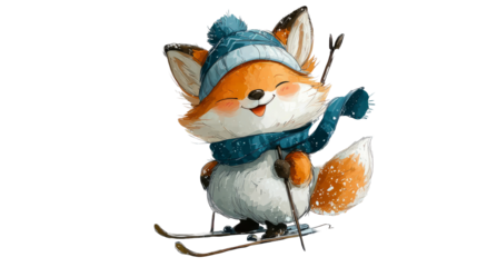 Cute cartoon fox character wearing a blue hat and scarf, happily skiing on snow-covered slopes, showcasing a playful winter adventure theme. transparent background