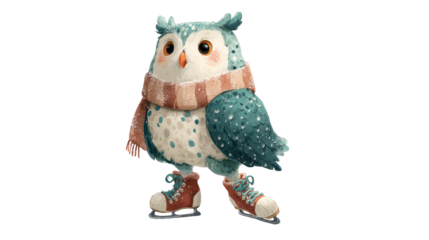 Cute cartoon owl character wearing skates and a scarf, standing confidently on ice, showcasing a whimsical winter scene with playful charm and vibrant colors. transparent background