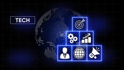 Futuristic digital technology concept with glowing neon icons representing business strategy global network teamwork and marketing success on a dark grid background with - Powered by Adobe