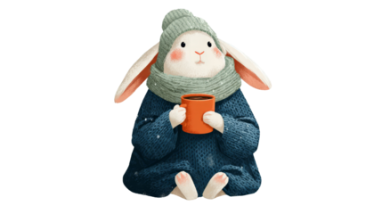 Cute rabbit character in cozy winter attire, holding a warm drink in an orange mug, surrounded by a soft, inviting atmosphere, perfect for seasonal illustrations. transparent background
