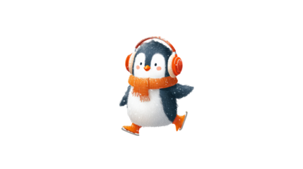 Cute cartoon penguin wearing headphones and a cozy scarf, joyfully walking through a snowy landscape, embodying a playful winter spirit and cheerful atmosphere. transparent background