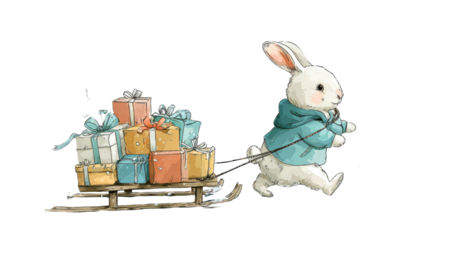 Cute rabbit pulling a sled loaded with colorful gifts, showcasing a whimsical winter scene with a joyful atmosphere and playful spirit of the holiday season. transparent background