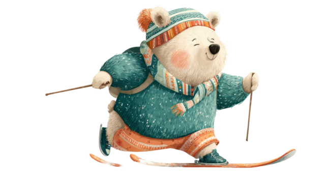 Cute bear character skiing joyfully on snow-covered landscape, wearing colorful winter attire, showcasing playful winter activities and cheerful atmosphere. transparent background