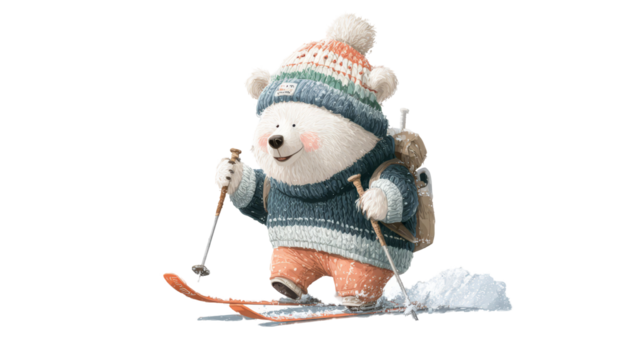 Cute polar bear character skiing on snow-covered slope, wearing colorful knitted sweater and hat, showcasing winter adventure and joy in a playful illustration. transparent background