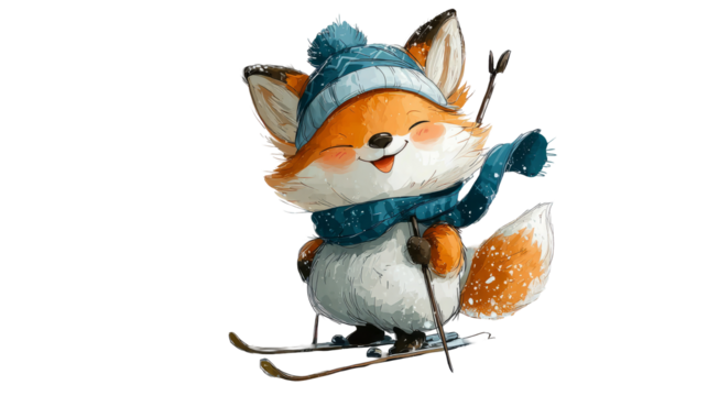 Cute cartoon fox character wearing a blue hat and scarf, happily skiing on snow-covered slopes, showcasing a playful winter adventure theme. transparent background
