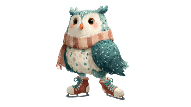 Cute cartoon owl character wearing skates and a scarf, standing confidently on ice, showcasing a whimsical winter scene with playful charm and vibrant colors. transparent background