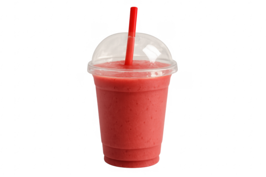 Strawberry smoothie in plastic takeaway cup with straw