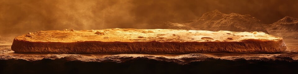 Panoramic photograph of the surface of Mars, with an orange sky and mountains in the background, in a hyper-realistic style.