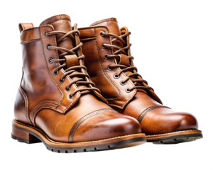 Pair of brown leather lace-up ankle boots, with cap toe detail, cutout, PNG isolated on white or transparent background