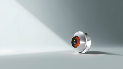Minimal corporate composition showing a single robotic eye or sensor lens. Futuristic precision with large negative space for text or branding.