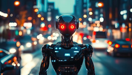 Photo of a humanoid robot with glowing red eyes standing in the middle of an urban street, surrounded by city lights and traffic.