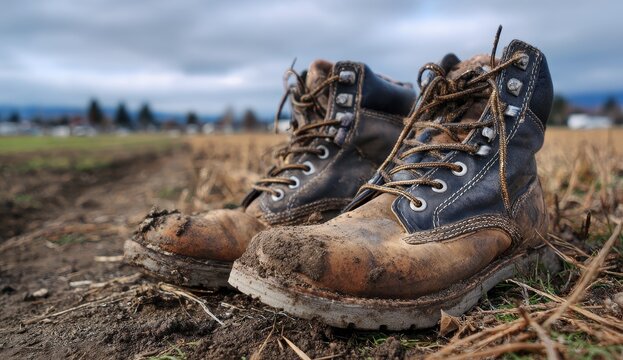 Vibrant photo of weathered hiking boots resting in a field - Powered by Adobe