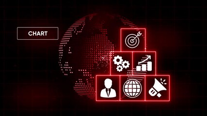 Digital business strategy icons on glowing red globe background with target gears analytics megaphone and businessman for corporate success and global communication concepts - Powered by Adobe
