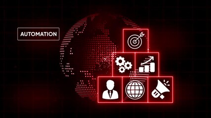 Automation business strategy digital transformation global network technology concept with icons for target gears growth globe megaphone and businessman on red digital background - Powered by Adobe