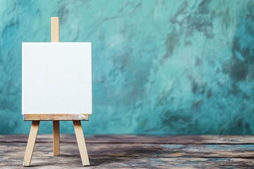 Photo of a small white canvas on an easel against a blue background, representing artistic expression and creativity