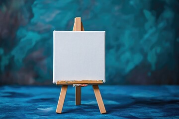 Photo of a small white canvas on an easel against a blue background, representing artistic expression and creativity