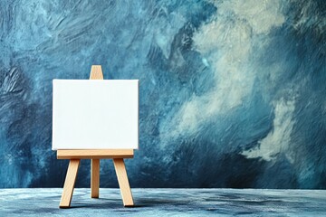 Photo of a small white canvas on an easel against a blue background, representing artistic expression and creativity