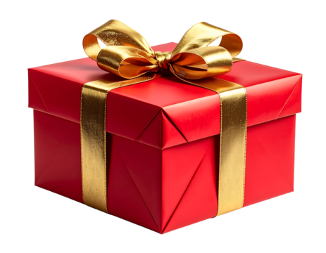 A vibrant red gift box with a luxurious golden ribbon and bow isolated on transparent background