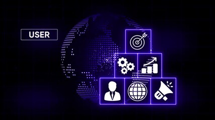 Digital user interface icons representing business strategy global reach marketing communication and data analytics with a glowing digital earth background and grid overlay for - Powered by Adobe