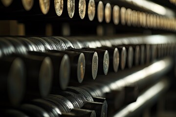 Photograph of steel pipes stacked in an industrial setting, focusing on the texture and shape of each pipe.