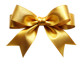 Luxurious Golden Satin Ribbon Bow, with Elegant Folds and V- Shaped Tails, cutout, PNG isolated on white or transparent background