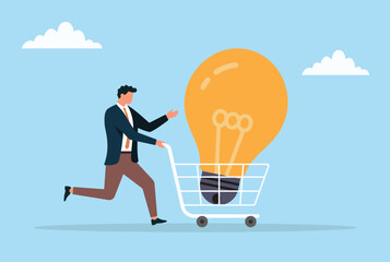 Vector illustration of a businessman pushing a shopping cart with a large light bulb symbolizing innovation, creativity, new ideas, and the pursuit of business success
