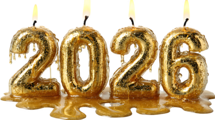 Creative Happy New Year 2026 scene where numeric candles “2026” stand on a glossy surface with melted wax puddles, golden sparkles, and subtle smoke trails, isolated on white background