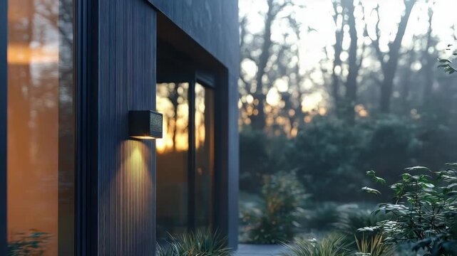 Modern house with vertical wood cladding and garden light