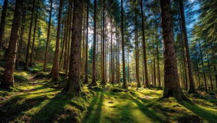 Vibrant photo of sunlit forest with tall trees and green mossy ground