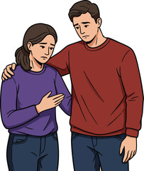 Young man comforting sad woman showing empathy and support in casual clothing vector illustration 