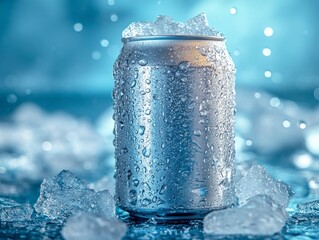 Iced cold drink can mockup with condensation droplets and surrounding ice shards on a blue background