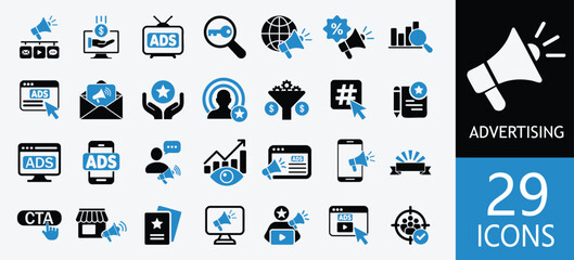 Set of Advertising icons. digital marketing, brand awareness, audience targeting, megaphone, website, mobile advertising, hashtag, target, and more. solid icons Vector