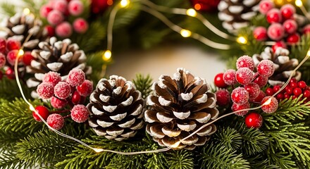 Festive christmas wreath with pine cones red berries and warm glowing fairy lights