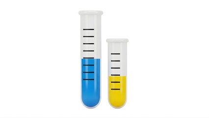 Test tubes with blue and yellow liquid for science experiments and chemistry lab work illustration 3d rendering on transparent background