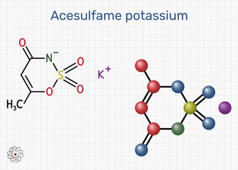 Acesulfame K molecule. High-intensity noncaloric sweetener E950 for beverages, bakery and tabletop blends. Sheet of paper in a cage. Vector Illustration