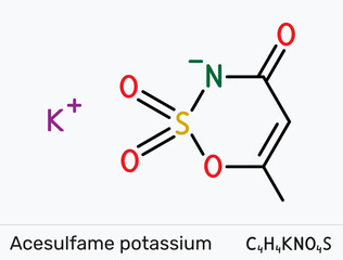 Acesulfame K molecule. High-intensity noncaloric sweetener E950 for beverages, bakery and tabletop blends. Vector illustration