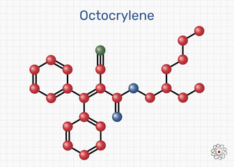 Octocrylene molecule. UVB/short-UVA sunscreen filter; photostability booster for avobenzone. Sheet of paper in a cage. Molecular model. Vector Illustration