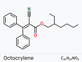 Octocrylene molecule. UVB/short-UVA sunscreen filter; photostability booster for avobenzone. Vector illustration