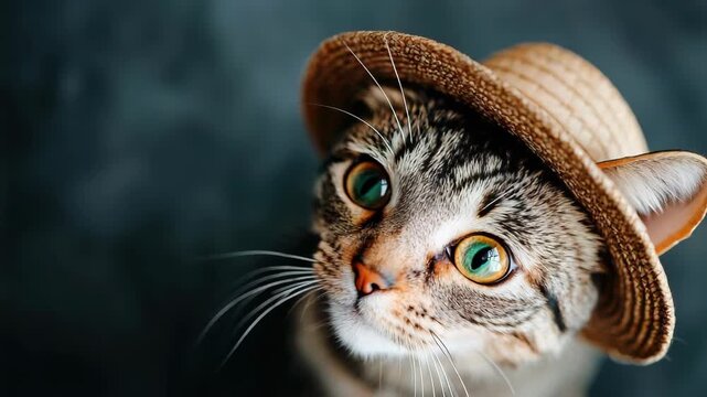 Dapper cat in straw hat looks up expectantly