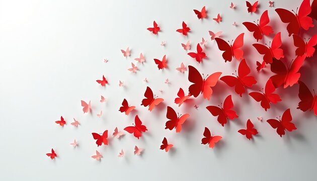 Red paper butterflies on white wall. Many cut-out butterflies in different sizes fly across room. Bright red, pink butterflies scattered on surface. Artistic decoration for special occasions, events.