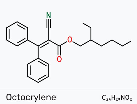 Octocrylene molecule. UVB/short-UVA sunscreen filter; photostability booster for avobenzone. Vector illustration
