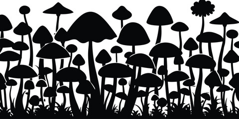 A dense forest floor filled with various mushroom shapes and sizes rendered in a striking black silhouette against a white background