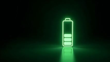 Minimal glowing battery icon on dark background with neon green outline. Left-side copyspace for text, representing energy or power.
